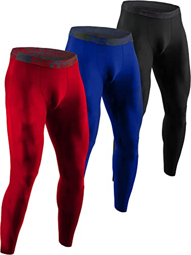DEVOPS 3 Pack Men's Compression Pants Athletic Leggings (Large, Black/Red/Blue)