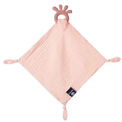 Baby Muslin Security Blanket with Food Grade Silionce Teether,Soothe Teething Toy for Boys and Girls,100% Polyester (Pink)