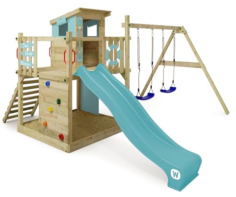 WICKEY Torre de juego para escalada Smart Camp con columpio y tobogán azul pastel, torre de escalada para niños al aire libre con caja de arena, escalera y accesorios de juego para el jardín