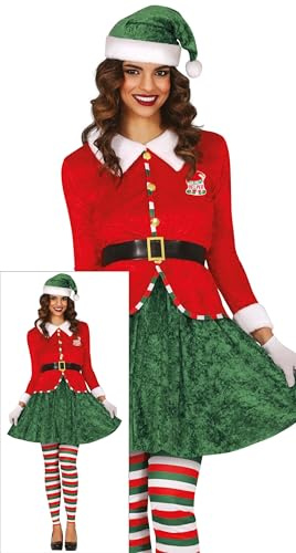 GUIRMA | Disfraz Ayudante de Santa para Mujer (42-44/L) - Casaca, Cinturón, Falda, Gorro y Pantalón - Disfraces de Navidad, Año Nuevo y Fiestas de Papá Noel - Ideal para Adultas - Rojo y Verde