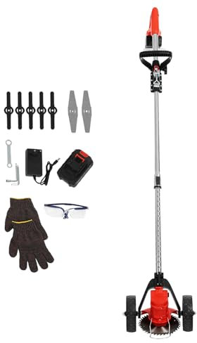 Batteridriven grästrimmer, 800 W friklippare grästrimmer med 2 batteri, 2 hjul, 7 blad, 18 000 RPM, justerbar längd 120–151 cm, för trädgårdar, gräsmattor