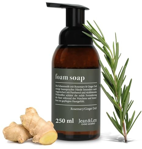 Jean & Len Sapone schiumoso Rosemary & Ginger pulisce delicatamente le mani stressate con schiuma piacevole, fresco profumo di rosmarino e zenzero, senza parabeni e siliconi, 250 ml