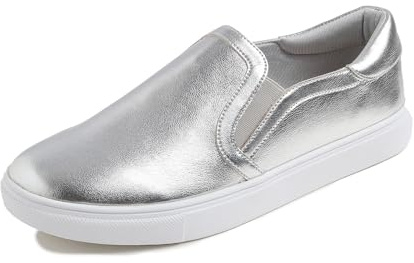 Feversole Women's Fashion Slip-on Sneaker Casual Flat Loafers,Baskets à Enfiler à la Mode pour Femmes Mocassins Plats décontractés Cuir végétal Argent Taille 39