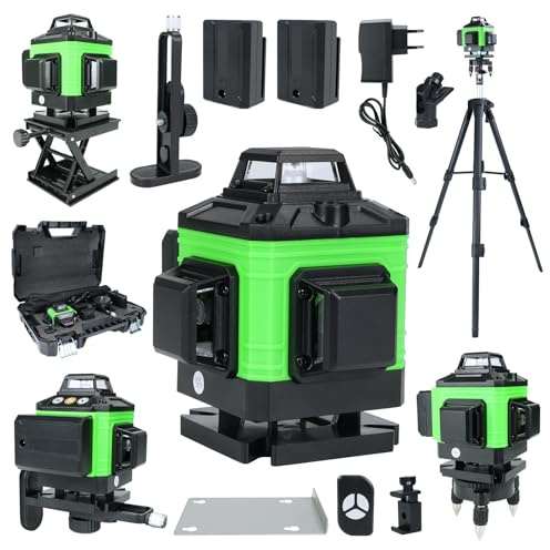 Kreuzlinienlaser mit Stativ – Selbstnivellierender Kreuzlinienlaser 16 Linien 360°, Laser Wasserwaage mit grünem Laser für Bauprojekte, Renovierung, inklusive Transportkoffe (XSL01- mit Stativ)