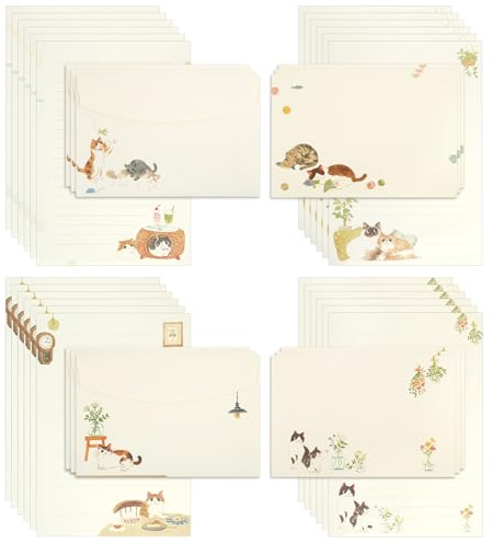 36PCS Writing Paper and Envelopes Sets, 4 Different Cat Themed Letter Writing Paper and Envelopes, Lovely 24 Paper and 12 Envelope Packaging, Letter Writing Set for Invitation Gifts Greeting Cards