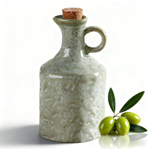 MuyuRise Ceramic Olive Oil Dispenser with Cork Stopper, Reactive Glaze Texture Oil Bottle, Leak - Proof Small Spout for Kitchen, Great for Storing Vinegar, Wine, Soy Sauce, Lemon Juice (GREEN)