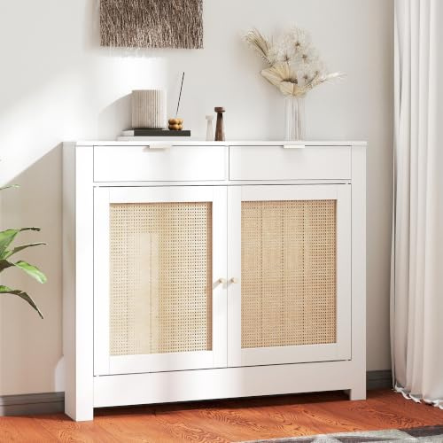 HOMCOM Cubre Radiadores con Puerta Abatible y Ratán 111x19x95,5 cm Blanco