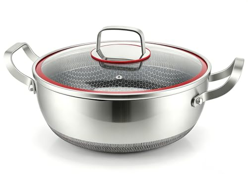 VeftBltrem Sartén honda de borde alto, sartén con tapa de cristal, sartén de nido de abeja con revestimiento antiadherente resistente a los arañazos, sin remaches, lavable, sartén para todo tipo de