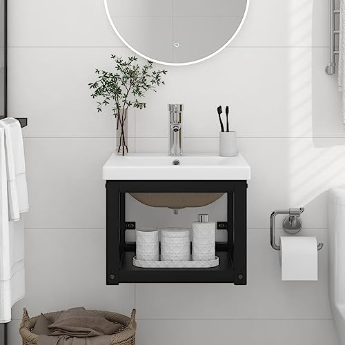 EMYRLXQW Armarios y almacenamiento, unidades de tocador, unidades de tocador de baño, marco de lavabo de baño con lavabo integrado, hierro negro