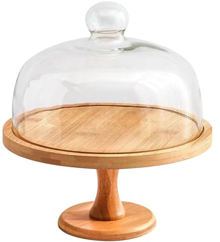 Alzata per torta in legno, Alzata per torta da 10 pollici in legno con coperchio vetro trasparente Cupola staccabile Supporto multifunzionale per esposizione e conservazione di frutta, dessert, fo