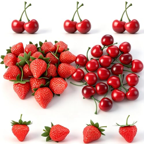 50PCS Fake Fruit Set, 25 Strawberries Cherries, Lifelike Simulation Fruit | Artificial Fruit Decoration for Home Kitchen Party Decoration, Photography Props, Cake Display, Fruit Basket Decor