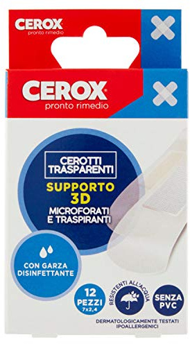 Cerox Pronto Rimedio, Linea di Cerotti Grandi Microperforati e Traspiranti - Garza Disinfettante, Trasparenti, Confezione da 12 Pezzi singolarmente confezionati - Dispositivo Medico senza PVC
