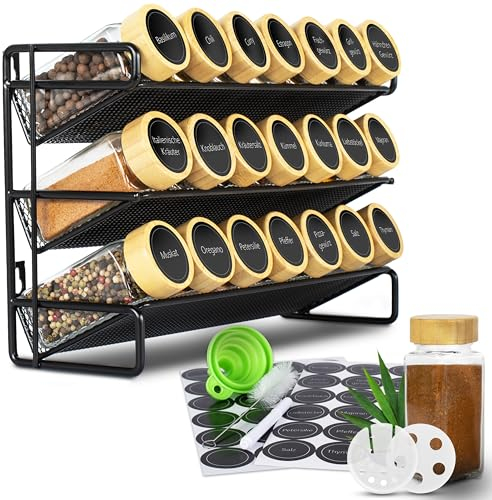 Armisti Gewürzregal – metallener Gewürzständer – Set mit 24 Gewürzgläsern, 48 Streuaufsätzen fein + grob, Reinigungsbürste, Trichter, Etiketten, weißen Lackstift – BPA-frei – hängen + stehend