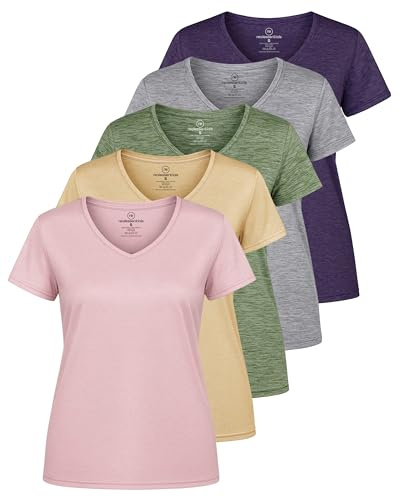 5 Pack: Womens V Neck T-Shirt Ladies Yoga Top Athletic Tees Active Wear Gym Workout Zumba Exercise Running Essentials Quick Dry Fit Dri Fit Moisture Wicking Basic Clothes - Set 14, L