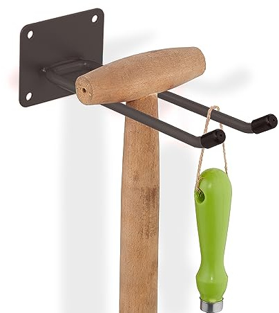 Relaxdays Produkthållare vägg, längd 24 cm, dubbelkrok, väggkrok, garage, verkstad och källare, kvasthållare, stål, brun