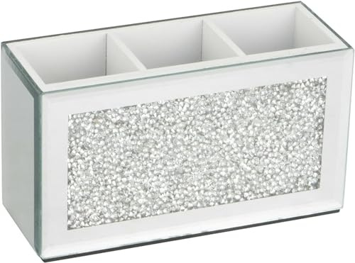 SERENA'S ® Mirrored Makeup Brush Holder Organiser Crushed Diamond Beauty box Glass Mirror Jewel Container Storage Case, 3 Slots Remote Pen Pencil Holder for Desk Eyeliner Display Vanity