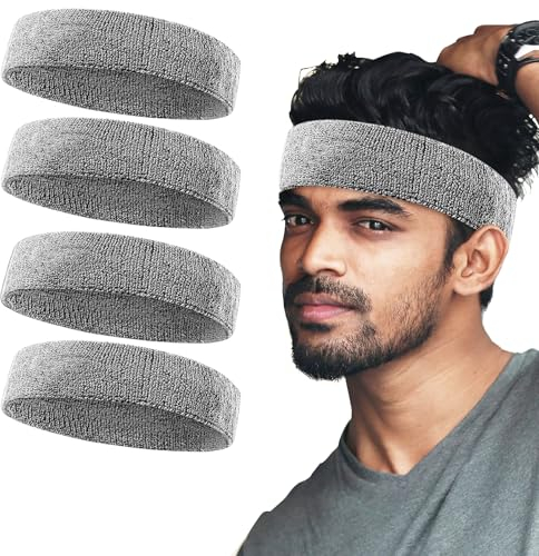 Sweatbands Sport Headbands for Men & Women, 4 Pcs Sweat Head Bands Moisture Wicking Sport Headband Cotton Sweatbands for Football, Athletic Exercise, Tennis, Running, Basketball