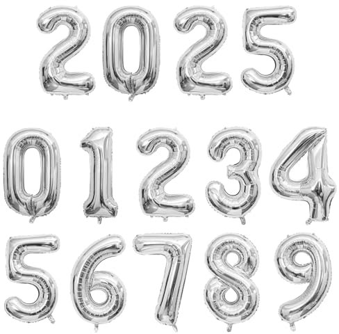 Number Balloons 16 Inch Silver 2025 0-9 Number Foil Balloons 14 Pcs Custom Digital for 2025 Party Decorations New Years Eve Party Birthday Graduations Anniversary Baby Shower