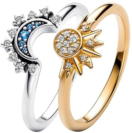 LIURFLNC 2 Stück Freundschaftsringe, Ring Set, Verstellbar Offene Sonne Mond Ring Schmuck, Stapelbare Gold Silber Sonne Und Der Mond Dupes Ringe Set für Paare Promise Matching