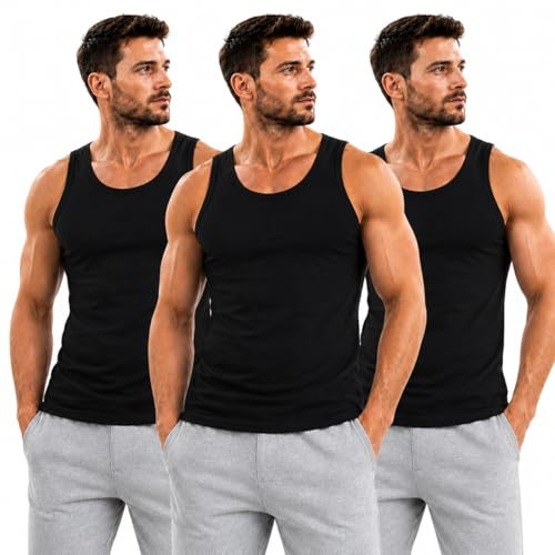 ShopMCR Men's 3 Pack Cotton Vest Tank Tops - Breathable Sleeveless Undershirt for Gym, Sports, and Workout, Slim Fit, S to 4XL (3PK, M, Black)