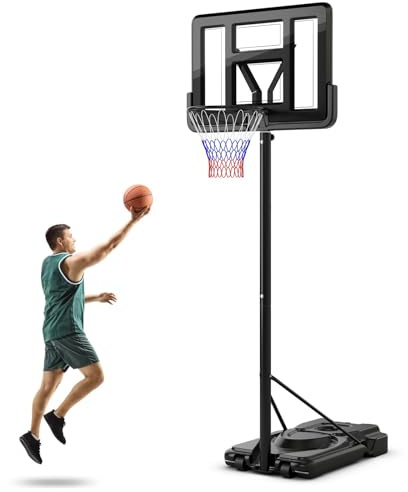 COSTWAY Basketstativ Justerbart 130–305 cm höjd, Mobilt Basketsystem med Stativ, 2 Hjul och Bollförvaring, Väderbeständigt Korgsystem för Barn och Vuxna