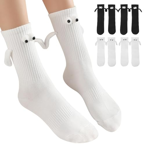 PNNJSSXT 4 Pairs Funny Socks, Magnetic Holding Hands Socks, These Suit Both Men and Women, Making Them a Funny Gifts for Teens, Friends (Black 2 Pairs&White 2 Pairs)