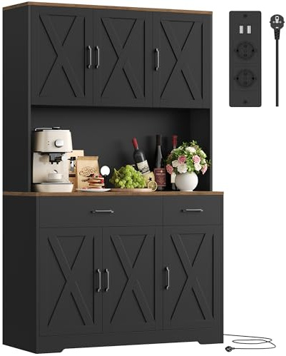 HOCSOK Küchenschrank 105x180 cm (BxH), Buffetschrank Schwarz, Sideboard mit Steckdosen, Verstellbare Einlegeböden, Arbeitsplatten und 2 Schubladen, Vorratsschrank für Küche, Wohnzimmer, Esszimmer