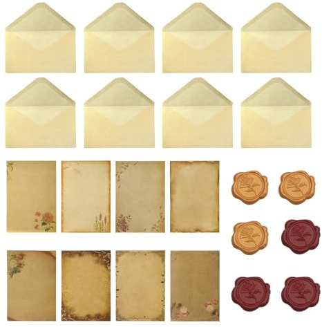 Set de 48 Papiers à Lettre & Enveloppes – 16 Enveloppes Vintage, 16 Papiers à Lettre & 16 Sceaux de Cire, Kit Idéal pour Papier à Lettre d'Amour & Enveloppe Cadeau