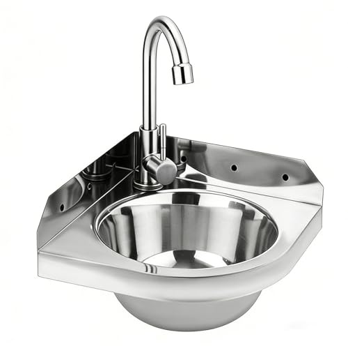 Lavabo ad Angolo in Acciaio Inox, Lavabo da Parete Triangolare, Lavello in Acciaio Inox con Rubinetto Acqua Calda e Fredda, Salvaspazio per Bagno, Camper, Barca, WC, Garage