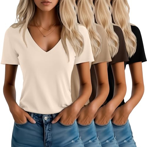Neer Pack de 4 Camisetas Mujer Cuello en V Manga Corta Verano Casual Corte Holgado Dobladillo Recto Básicas
