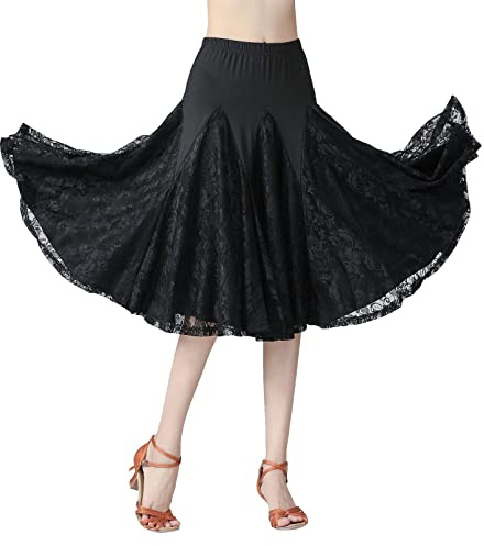 Elegante falda de baile para mujer, con ribete de encaje, para salón de baile, Negro , Talla única