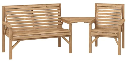 Outsunny 3 Piece Wooden Garden Furniture Set with Parasol Hole, 1 Garden Chair, 1 Bench, Detachable Table, Modular Wood Outdoor Patio Furniture Conversation Set for Conservatory, Natural Wood Finish