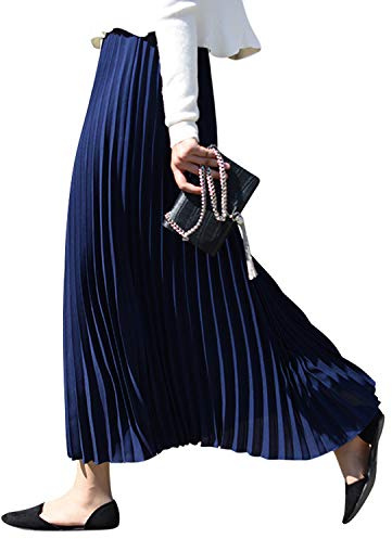 Camilife Gonna Plissettata da Donna maxigonna per Primavera Estate Autunno Lunghezza 90cm Tinta Unita Blu Scuro