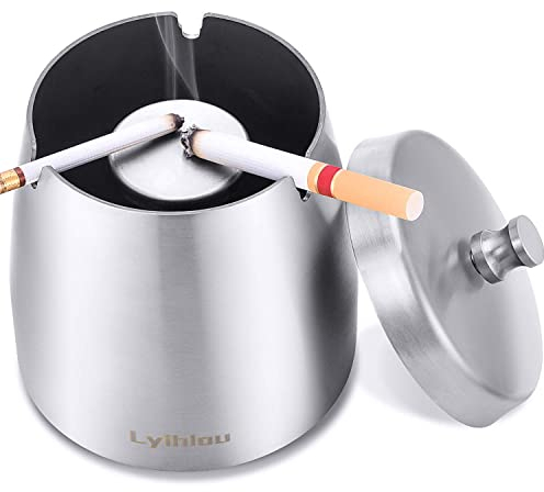 Aschenbecher Edelstahl mit Deckel, Winddichter Tischaschenbecher für Zigaretten, Moderne Windaschenbecher tragbar mit rutschfestem Basis für Draußen und Innen (Silber- Gross)