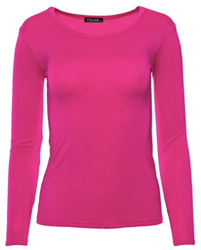 Easy Young Fashion - Damen Basic Rundhals Shirt - Langarm Unterziehshirt - Skinny Fit 1093 - Dunkelpink M