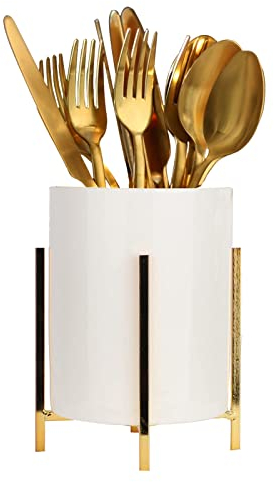 LOUIE SILNA Ceramic Kitchen Utensil Holder with a Solid Metal Frame, White Cutlery Tray Kitchen Utensil Organiser, Cutlery Basket for Organising Drawers and Worktops for All Kitchens(large)