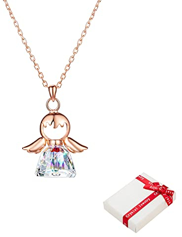 Kette 925 Sterling Silber mit Engel Anhänger für Frauen Damen, Rosegold Schutzengel Halskette mit Glitzer Kristall Freundschaft für Kinder Jugendliche Mädchen Taufe Konfirmation Erstkommunionsgeschenk