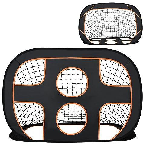 SUBTLETY 121 x 80 x 80 cm fotbollsmål popup-grind av glasfiber och oxfordtyg 2 i 1 elastiskt fotbollsnät bärbar målvägg nät för träningsövningar och fotbollsskott (svart orange)