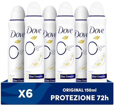Dove Deodorante Spray 0% Original, Senza Alcol e Sali di Alluminio, con Formula Idratante e Delicata, Pelle Asciutta Fino a 48 Ore, Deodorante Uomo e Donna, 6 Pezzi da 150ml