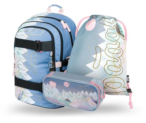 Baagl Schulrucksack Set Mädchen 3 Teilig, Schultasche ab 3. Klasse, Grundschule Ranzen mit Brustgurt, Ergonomischer Schulranzen (Skate Moon)