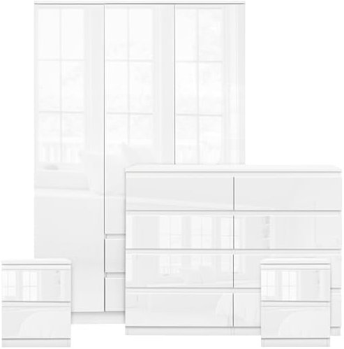 Blisswood High Gloss 4 Piece Bedroom Set With 3 Door Wardrobe & 8 Drawer Chest of Drawer + 2 Drawer 2 Bedside Table Cabinet Bedroom Furniture Set for Bedroom Storage furniture (White)