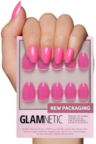 Glamnetic Press On Nails - Hot Pink | Opaque Bright Neon Pink Short Oval Fake Nails, Salon Quality | 15 Sizes - 30 Nail Kit with Glue