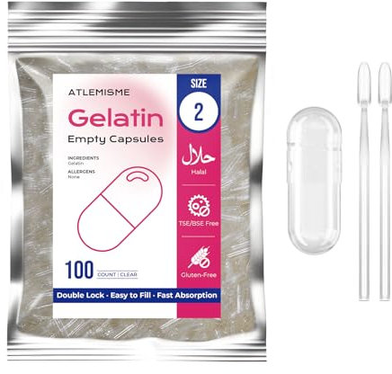 ATLEMISME Capsule Vuote in Gelatina 2 (100 Unità) – Capsule di Gelatina di Alta Qualità Con 2 Cucchiai, Facilmente Riempibili, Senza Conservanti – Ideali per Integratori, Polveri