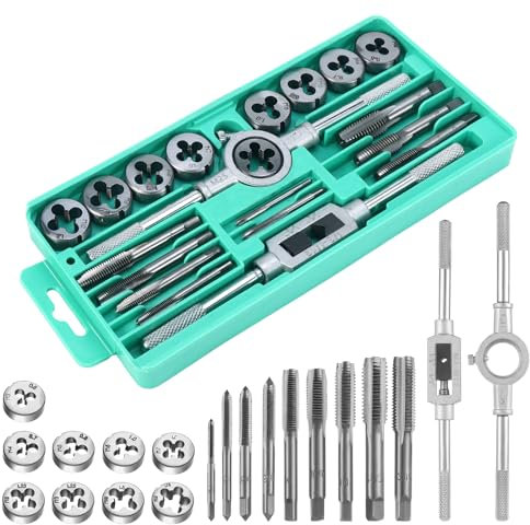 Gueenky 20 tlg. Gewindeschneider Set, M3-M12 Gewindeschneidsatz Metrisch Gewindebohrer Schneideisen Set Schneideisenhalter Windeisen Gewindeschneider Handgewindebohrer Set