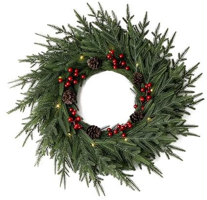 QXXQ 24 Christmas Wreath - Christmas Wreaths for Front Door - Christmas Decorations - Real Touch Norfolk Pine Wreath for Indoor Outdoor Wall Window Porch - Cedar Reef Garland - Free LED String Lights