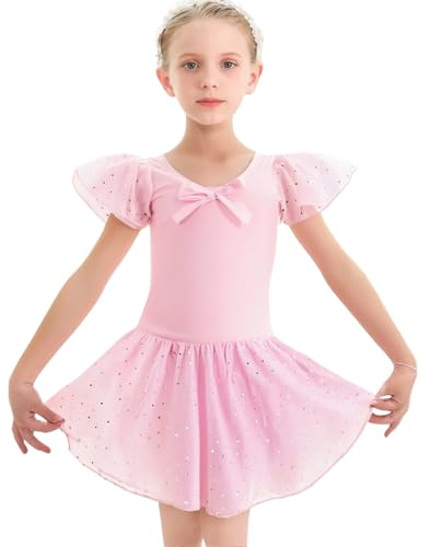 Sahunfri Ballettkleidung Mädchen Ballerina Kleid mit Chiffon-Pailletten & Schleife, Elastischer Baumwolle Ballett Trikot Mit Chiffon Rock Tütü (DE/NL/SE/PL, Numerisch, 130, Regular, Rosa)