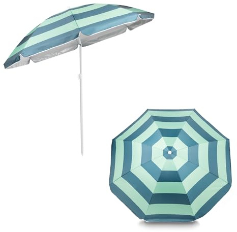 Yello Eco Parasol, Sustainable Beach, Garden & Patio Umbrella with UPF50+ Sun Protection, Recycled Polyester, Green Stripe Design, Lightweight & Easy to Transport