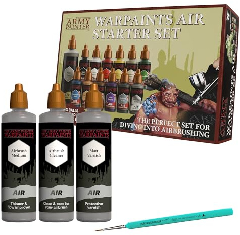The Army Painter, Airbrush Starter Bundle, incluye: Air Starter Set, DipIt Brush, Air Anti-Shine Varnish, Airbrush Cleaner y Medium – ideal para DnD, Warhammer y Wargaming.