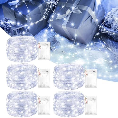 Peaser Christmas Decoration Lights with Timer, Cool White Battery Fairy Lights with 2 Modes, 3m/30 LED Xmas String Lights, Micro Silver Wire Christmas Lighting for Bedroom Wedding Party-5 Pack