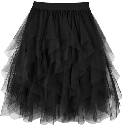 TRIWORKS Tulle Skirt Women Irregular Elastic High Waist Layered Mesh Tulle Tutu Midi A-line Fairy Skirt Halloween Prom Party Ballet Bubble